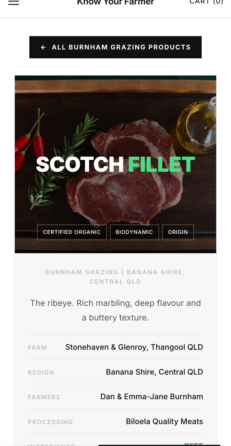 The Burnham Grazing scotch fillet page on a phone