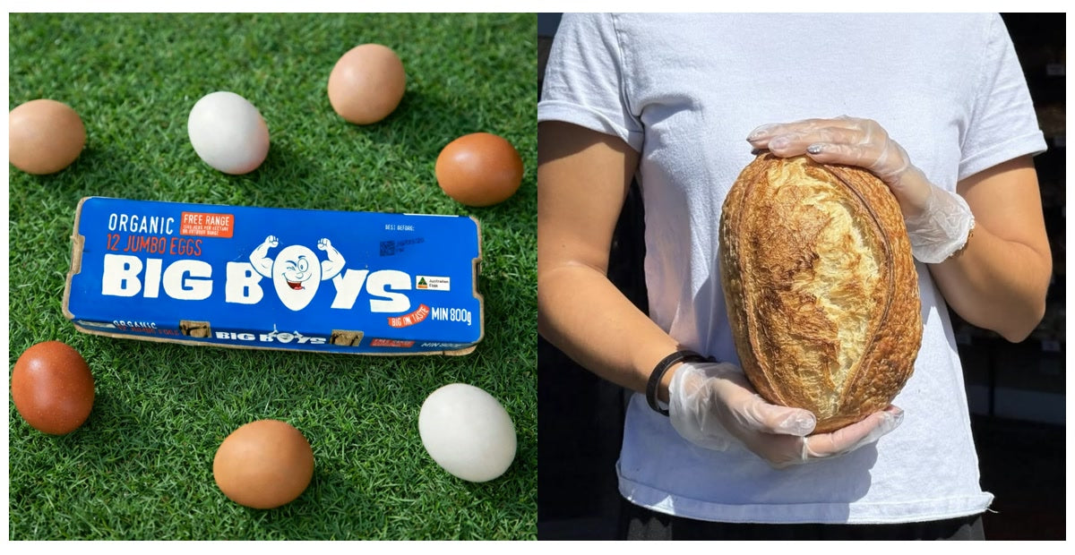 A dozen Big Boys organic eggs and an Austin white sourdough